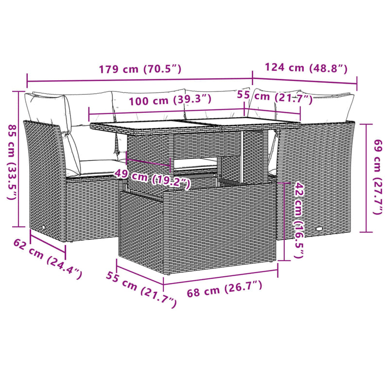 5 Piece Garden Sofa Set with Cushions Grey Poly Rattan