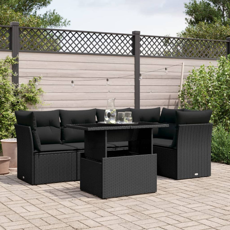 6 Piece Garden Sofa Set with Cushions Black Poly Rattan