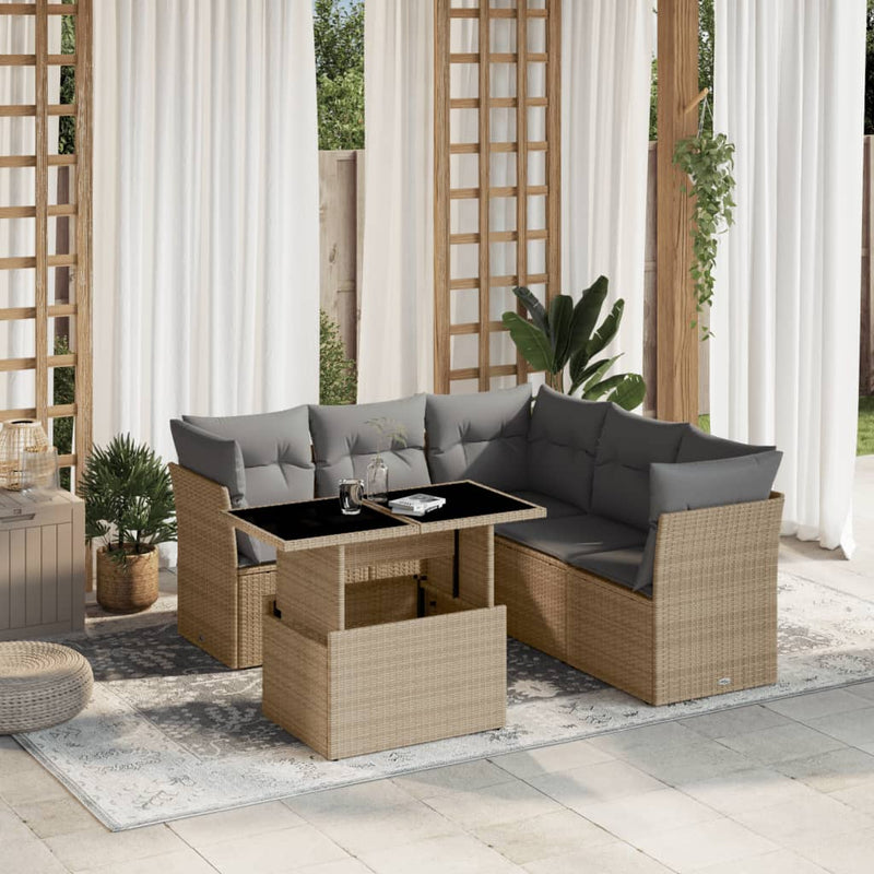 6 Piece Garden Sofa Set with Cushions Beige Poly Rattan