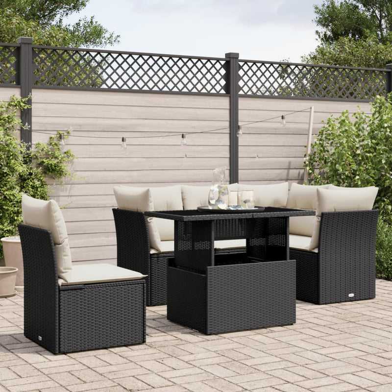 6 Piece Garden Sofa Set with Cushions Black Poly Rattan