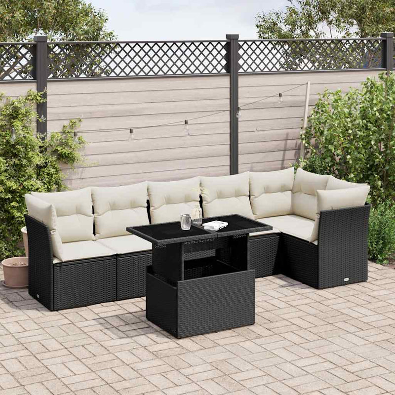 7 Piece Garden Sofa Set with Cushions Black Poly Rattan