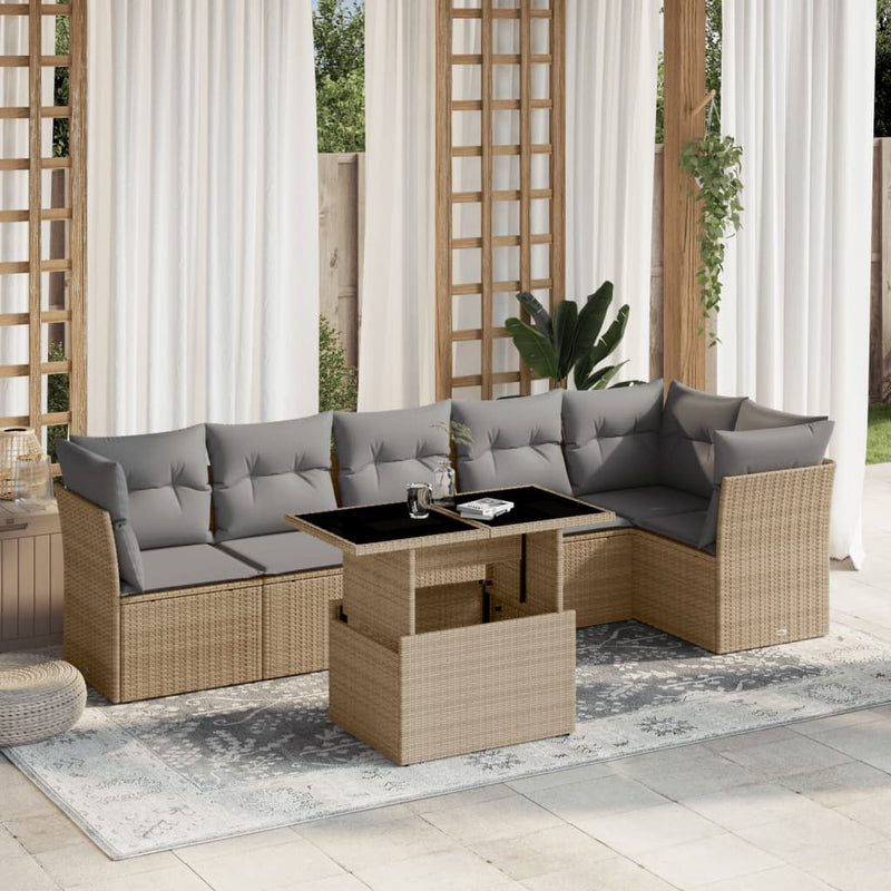 7 Piece Garden Sofa Set with Cushions Beige Poly Rattan