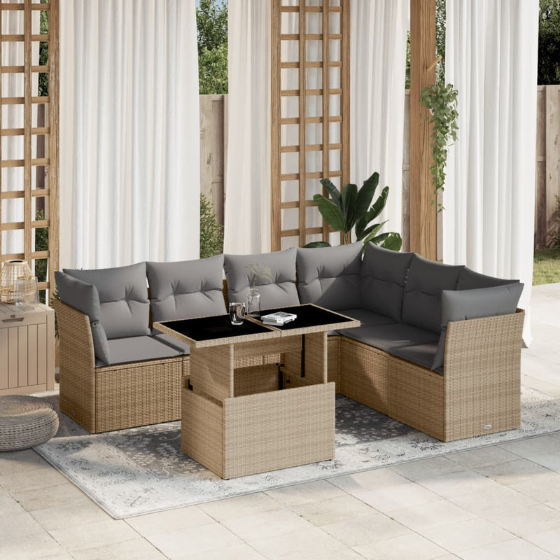 7 Piece Garden Sofa Set with Cushions Beige Poly Rattan