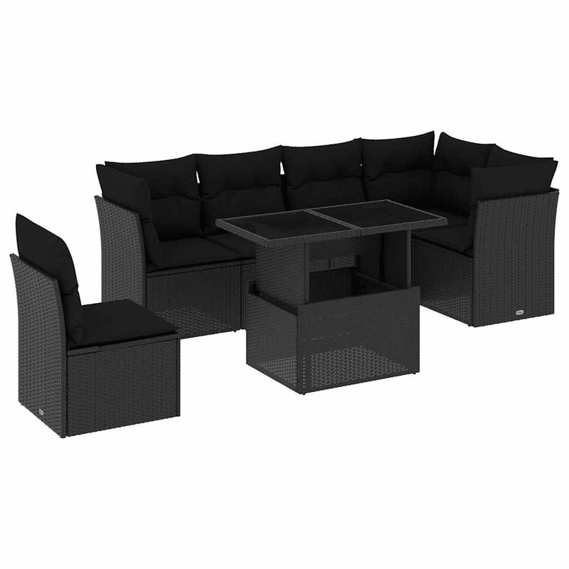 7 Piece Garden Sofa Set with Cushions Black Poly Rattan