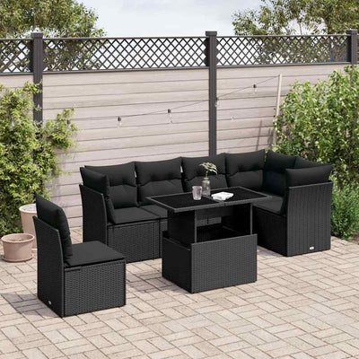 7 Piece Garden Sofa Set with Cushions Black Poly Rattan