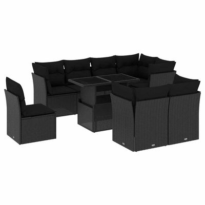 9 Piece Garden Sofa Set with Cushions Black Poly Rattan