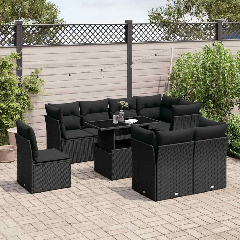 9 Piece Garden Sofa Set with Cushions Black Poly Rattan