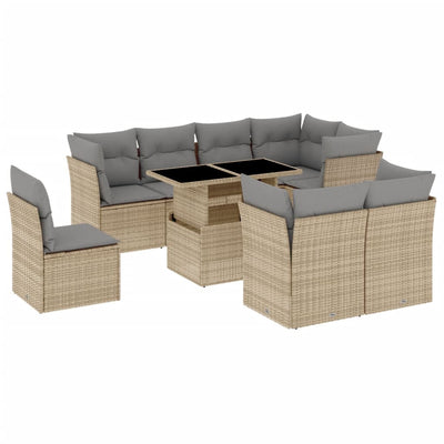 9 Piece Garden Sofa Set with Cushions Beige Poly Rattan