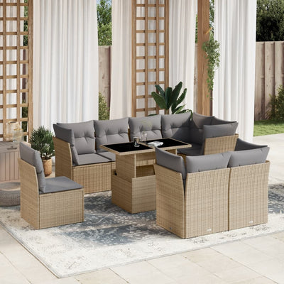 9 Piece Garden Sofa Set with Cushions Beige Poly Rattan