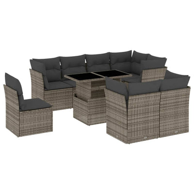 9 Piece Garden Sofa Set with Cushions Grey Poly Rattan