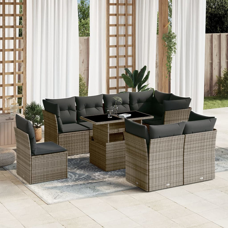 9 Piece Garden Sofa Set with Cushions Grey Poly Rattan