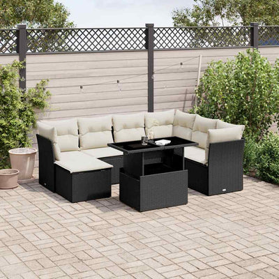 8 Piece Garden Sofa Set with Cushions Black Poly Rattan