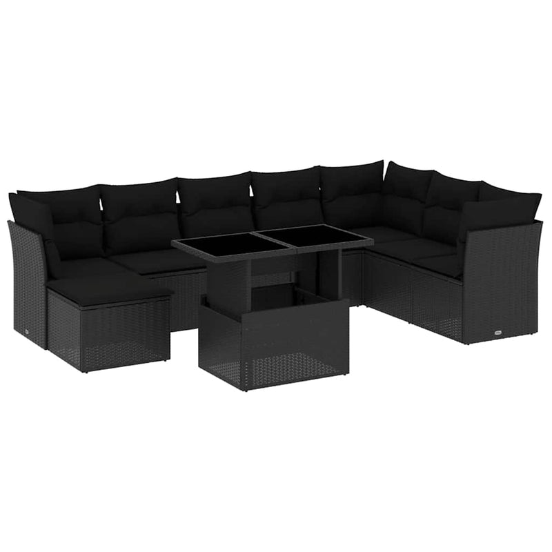 9 Piece Garden Sofa Set with Cushions Black Poly Rattan