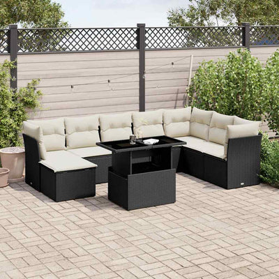 9 Piece Garden Sofa Set with Cushions Black Poly Rattan