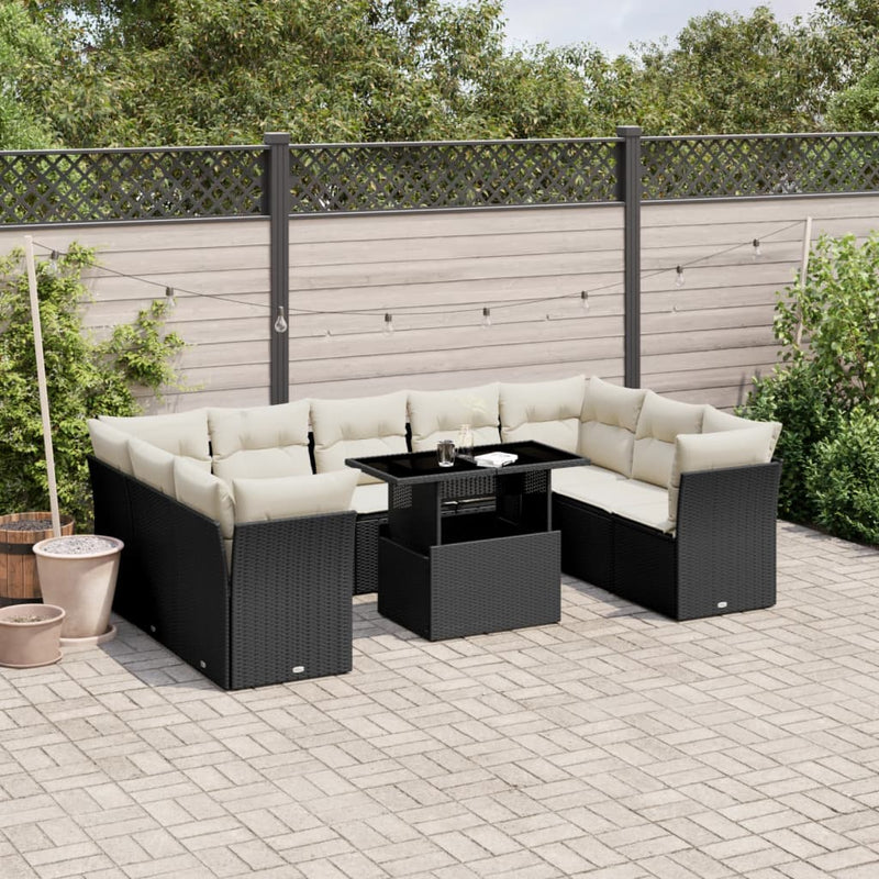 10 Piece Garden Sofa Set with Cushions Black Poly Rattan