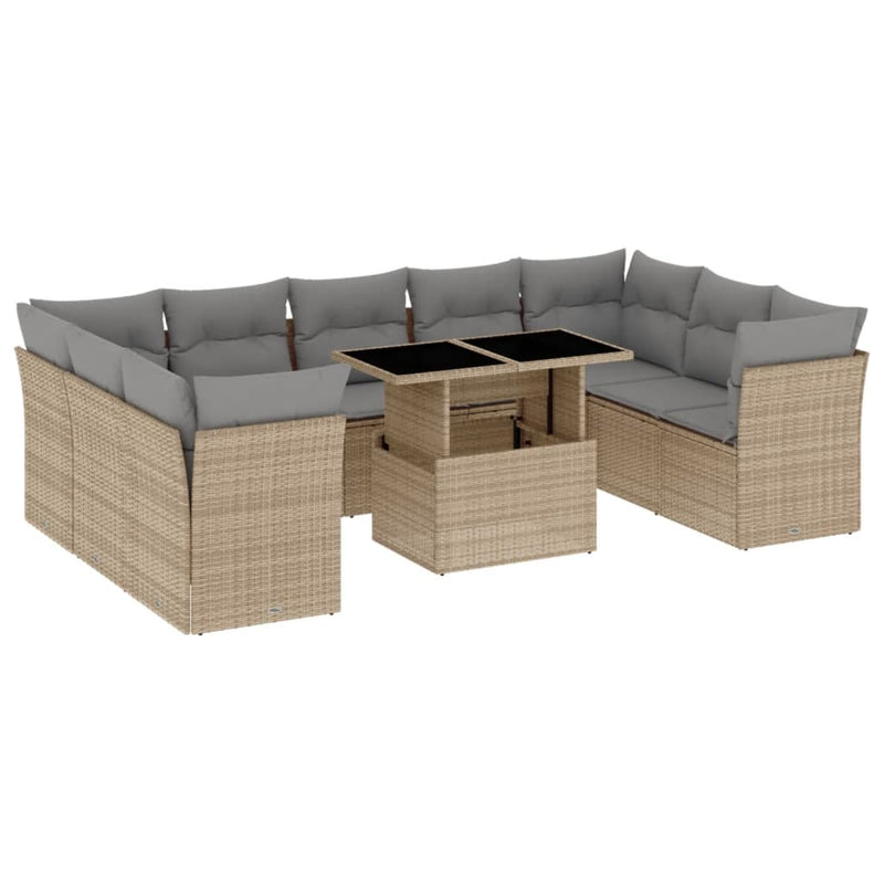 10 Piece Garden Sofa Set with Cushions Beige Poly Rattan