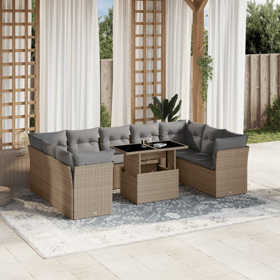 10 Piece Garden Sofa Set with Cushions Beige Poly Rattan