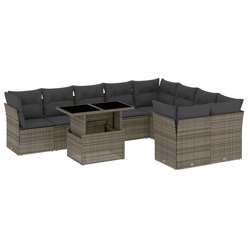 10 Piece Garden Sofa Set with Cushions Grey Poly Rattan