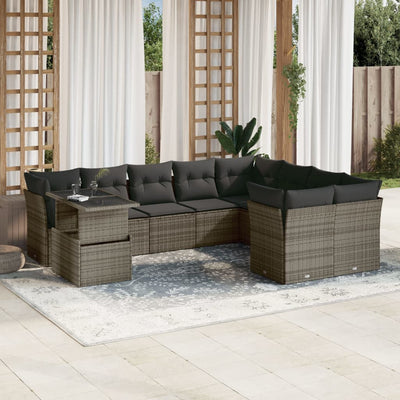 10 Piece Garden Sofa Set with Cushions Grey Poly Rattan