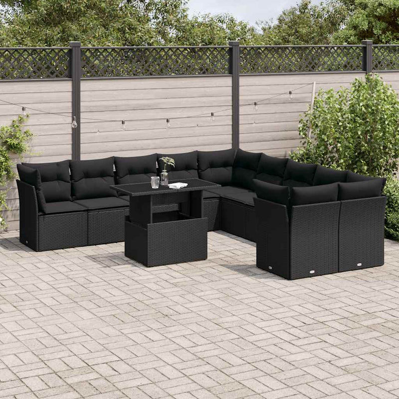 11 Piece Garden Sofa Set with Cushions Black Poly Rattan