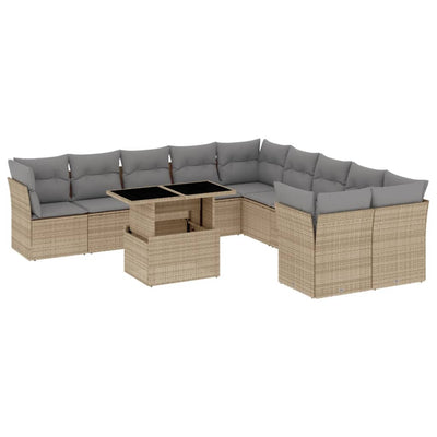 11 Piece Garden Sofa Set with Cushions Beige Poly Rattan