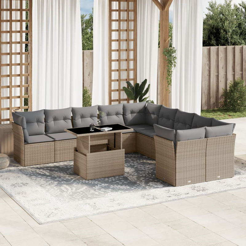 11 Piece Garden Sofa Set with Cushions Beige Poly Rattan