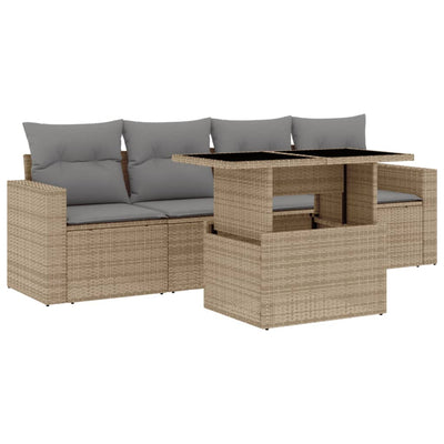 5 Piece Garden Sofa Set with Cushions Beige Poly Rattan