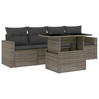 5 Piece Garden Sofa Set with Cushions Grey Poly Rattan