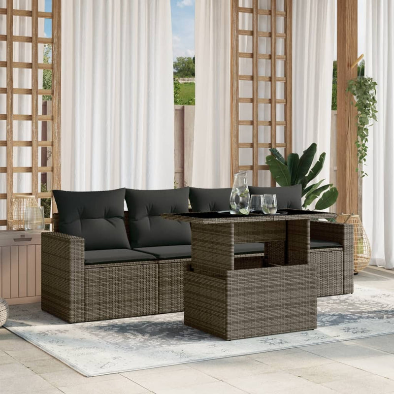 5 Piece Garden Sofa Set with Cushions Grey Poly Rattan