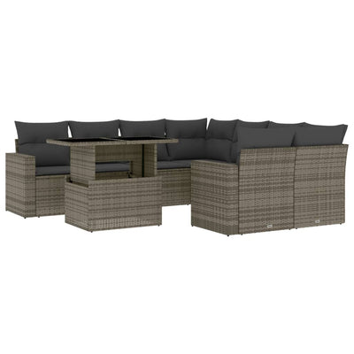 9 Piece Garden Sofa Set with Cushions Grey Poly Rattan