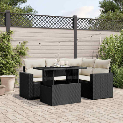 5 Piece Garden Sofa Set with Cushions Black Poly Rattan