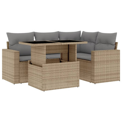 5 Piece Garden Sofa Set with Cushions Beige Poly Rattan