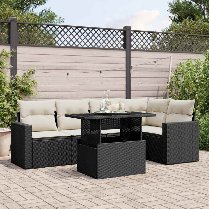 6 Piece Garden Sofa Set with Cushions Black Poly Rattan