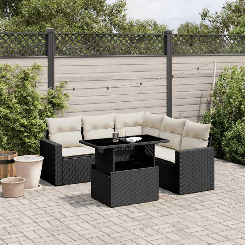 6 Piece Garden Sofa Set with Cushions Black Poly Rattan