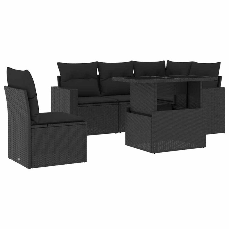 6 Piece Garden Sofa Set with Cushions Black Poly Rattan