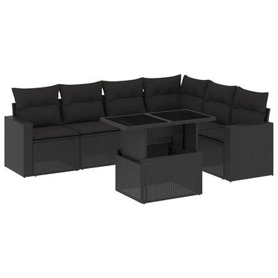 7 Piece Garden Sofa Set with Cushions Black Poly Rattan