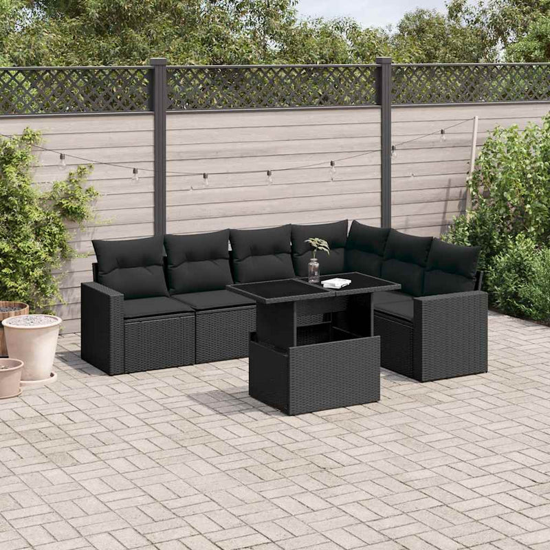 7 Piece Garden Sofa Set with Cushions Black Poly Rattan