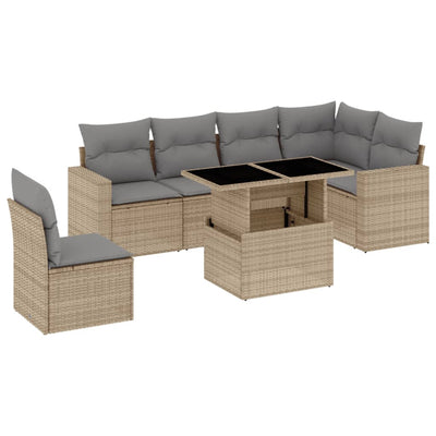 7 Piece Garden Sofa Set with Cushions Beige Poly Rattan