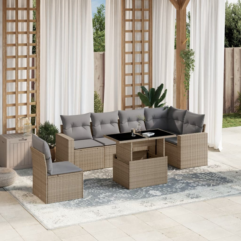 7 Piece Garden Sofa Set with Cushions Beige Poly Rattan