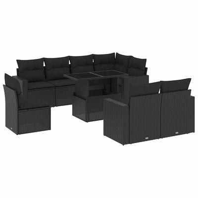 9 Piece Garden Sofa Set with Cushions Black Poly Rattan