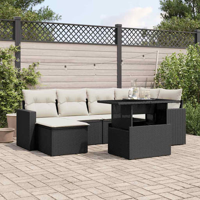 7 Piece Garden Sofa Set with Cushions Black Poly Rattan