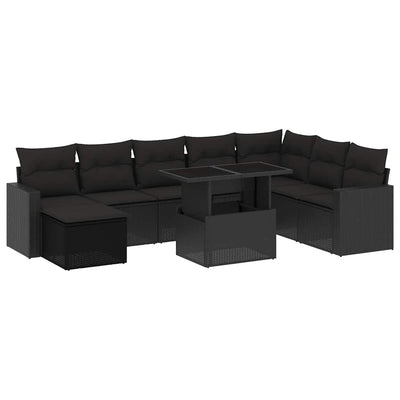 9 Piece Garden Sofa Set with Cushions Black Poly Rattan