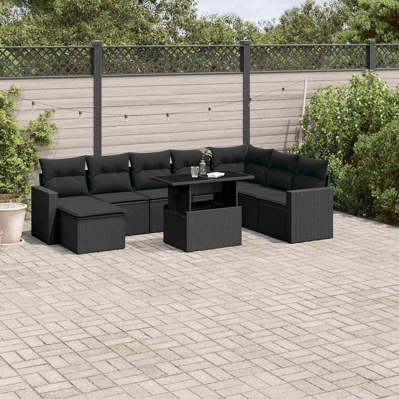 9 Piece Garden Sofa Set with Cushions Black Poly Rattan