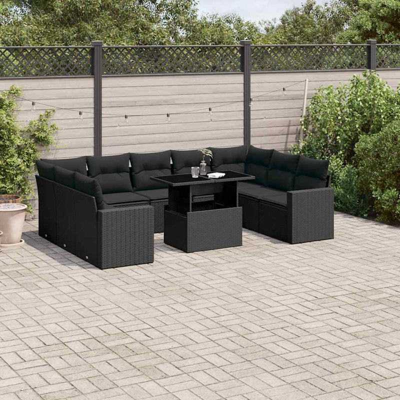 10 Piece Garden Sofa Set with Cushions Black Poly Rattan