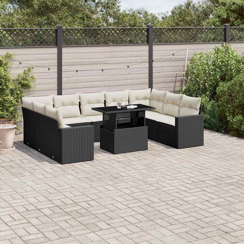 10 Piece Garden Sofa Set with Cushions Black Poly Rattan