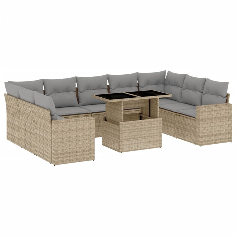 10 Piece Garden Sofa Set with Cushions Beige Poly Rattan