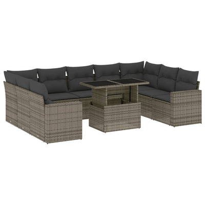 10 Piece Garden Sofa Set with Cushions Grey Poly Rattan