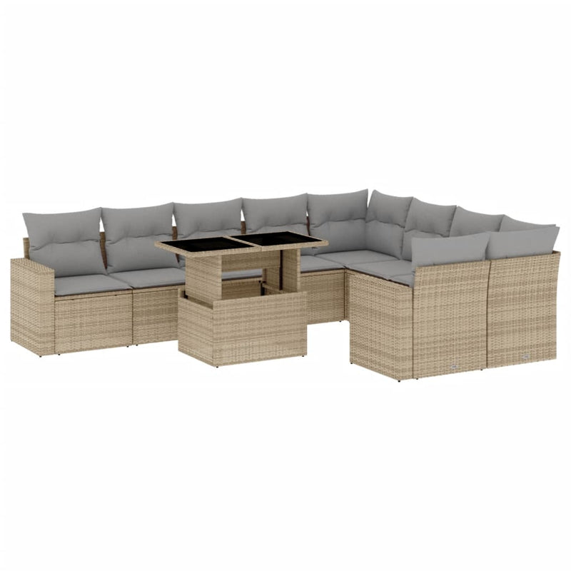 10 Piece Garden Sofa Set with Cushions Beige Poly Rattan