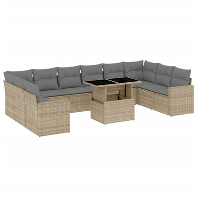 11 Piece Garden Sofa Set with Cushions Beige Poly Rattan