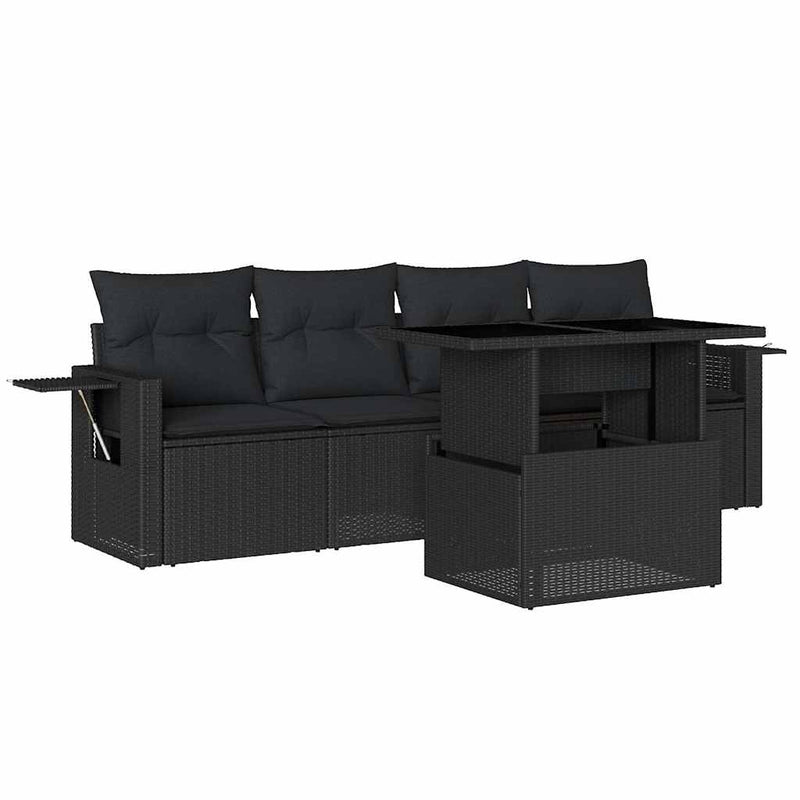 5 Piece Garden Sofa Set with Cushions Black Poly Rattan